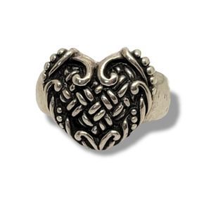 Vintage Bali Organically Antiqued 925 Precious Sterling Silver Heart-Shaped Ring